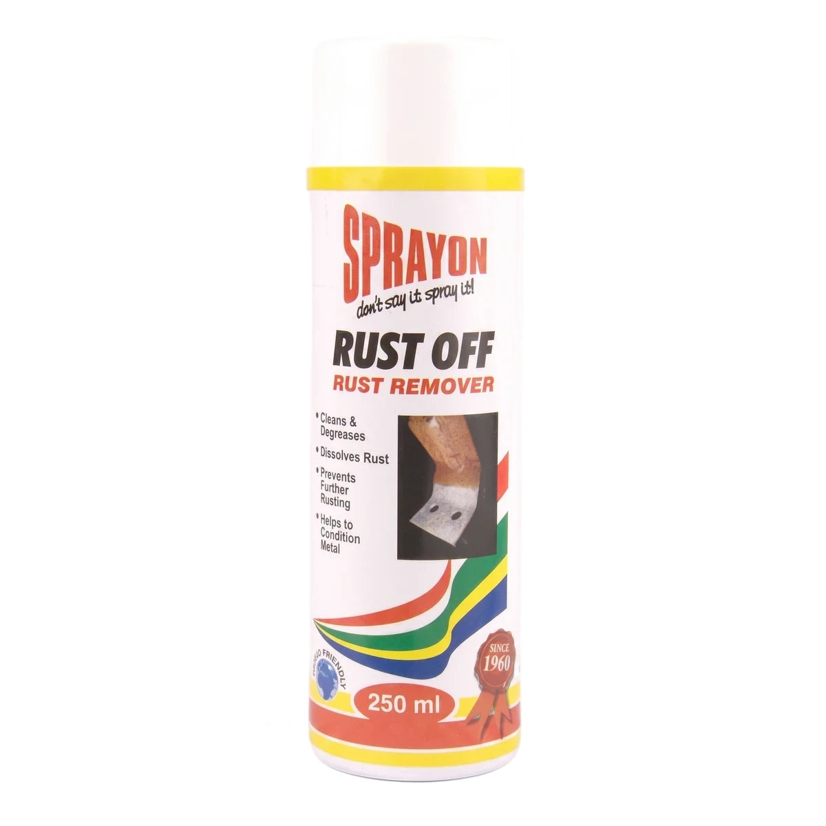 Srayon Rust Off Rust Remover 250ml spray can, white with yellow, red, blue, and green label details, for cleaning and