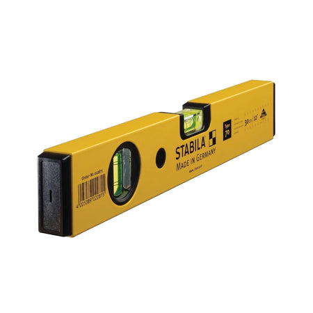 Yellow 30cm Stabila aluminium spirit level with two clear bubble vials, featuring black end caps and branding.