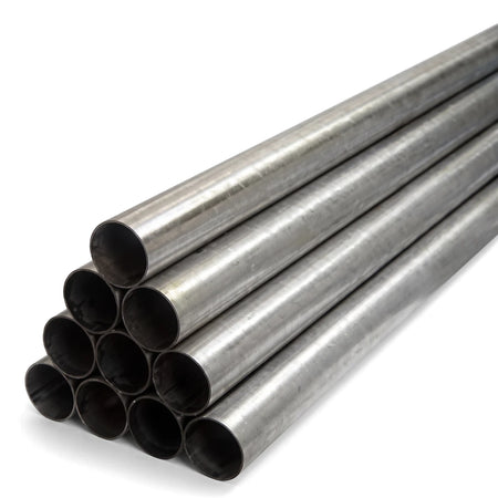 Stack of silver round metal tubes, likely for industrial or construction use, neatly arranged on a white background.