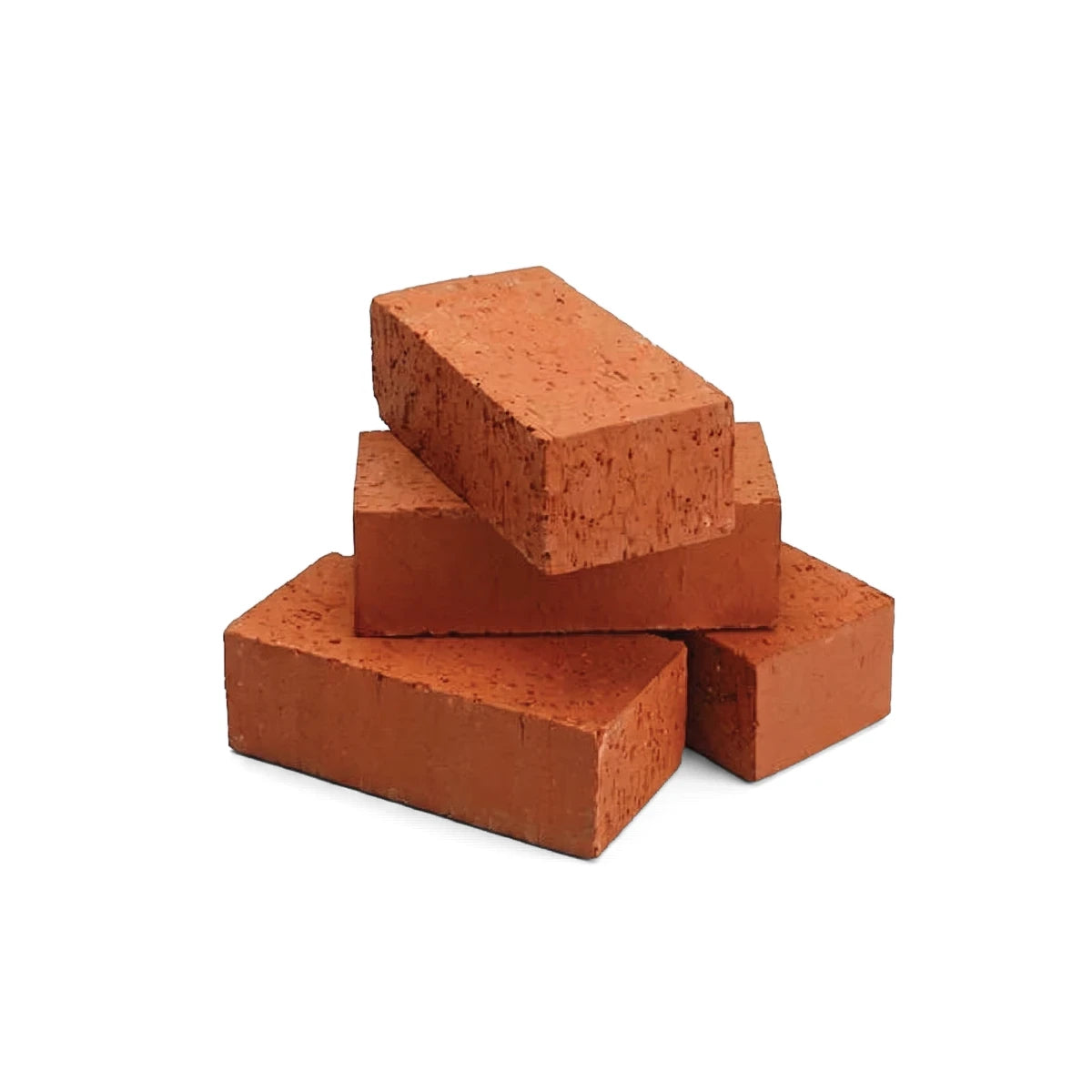 A stack of four reddish-brown clay bricks with a rough texture, arranged in a pile for construction or building use.