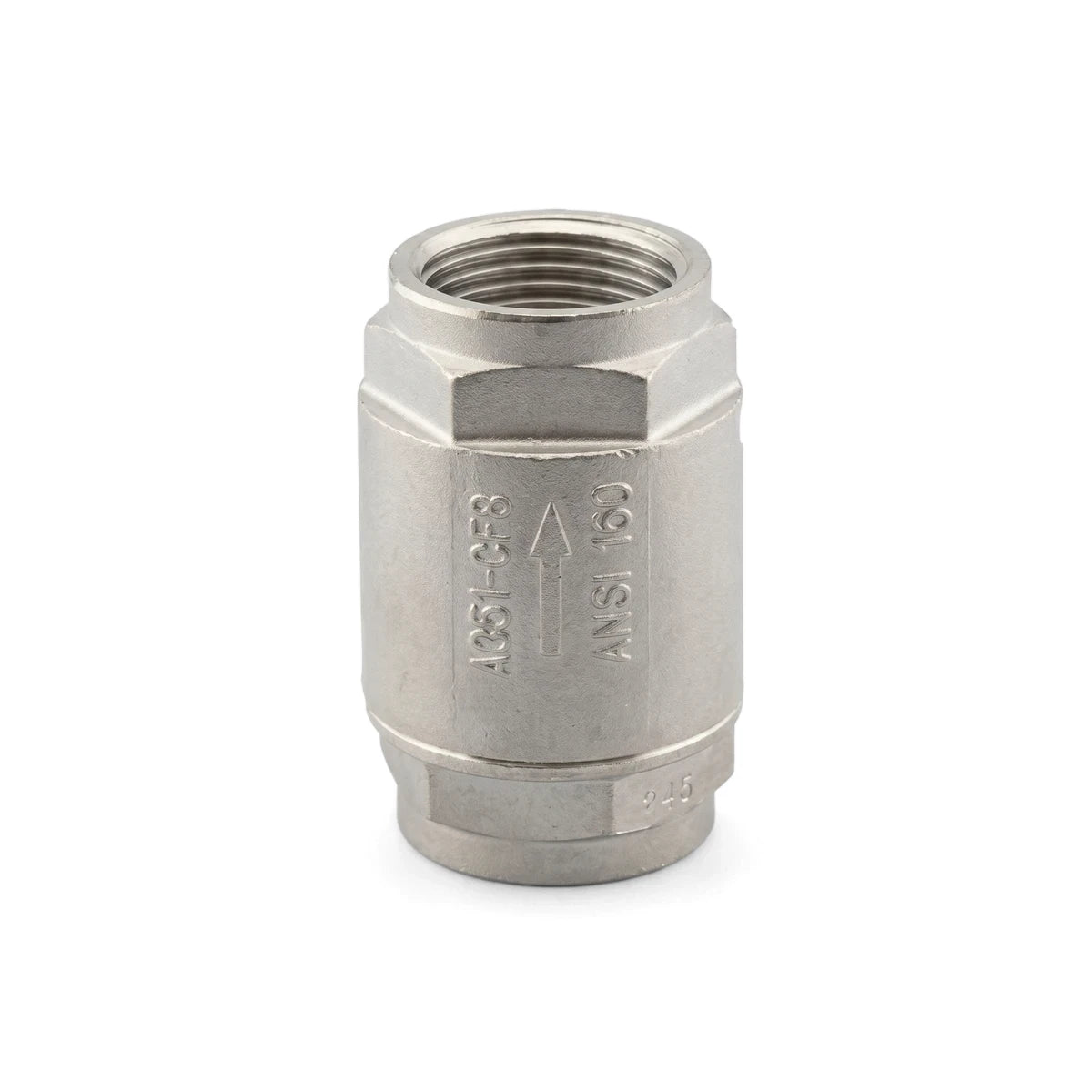 Stainless steel 1/2 inch spring non-return valve, silver-colored, with threaded ends and an hexagonal body.
