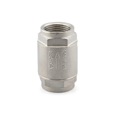 Stainless steel 1/2 inch spring non-return valve, silver-colored, with threaded ends and an hexagonal body.