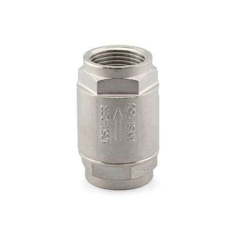 Stainless steel 1/2 inch spring non-return valve, silver-colored, with threaded ends and an hexagonal body.