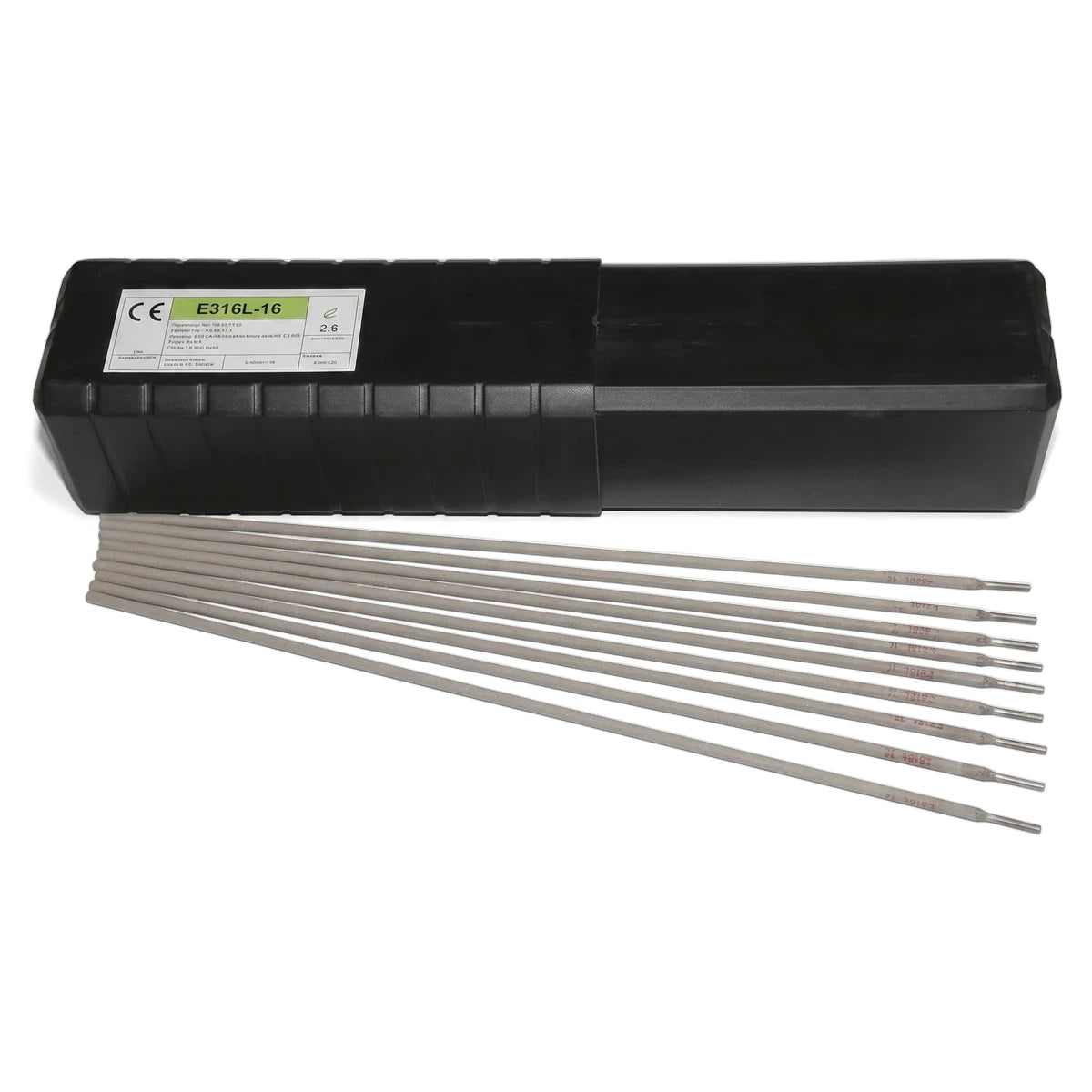 Stainless Steel 316L 3.2mm Welding Rods displayed with a black rectangular storage container and label.
