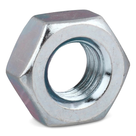 A single metallic 5mm stainless steel hex nut with visible internal threading, shown from a slightly angled perspective.