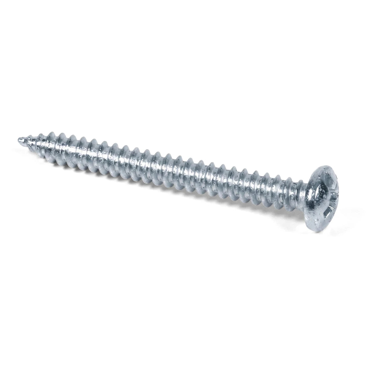 Stainless steel countersunk self-tapping screw, silver-colored, with a pointed tip and threaded body, shown horizontally.