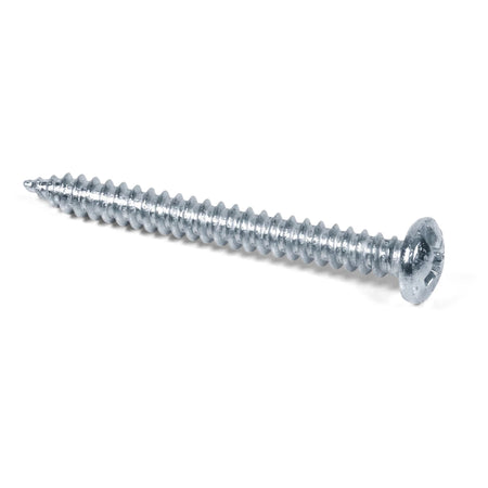 Stainless steel countersunk self-tapping screw, silver-colored, with a pointed tip and threaded body, shown horizontally.