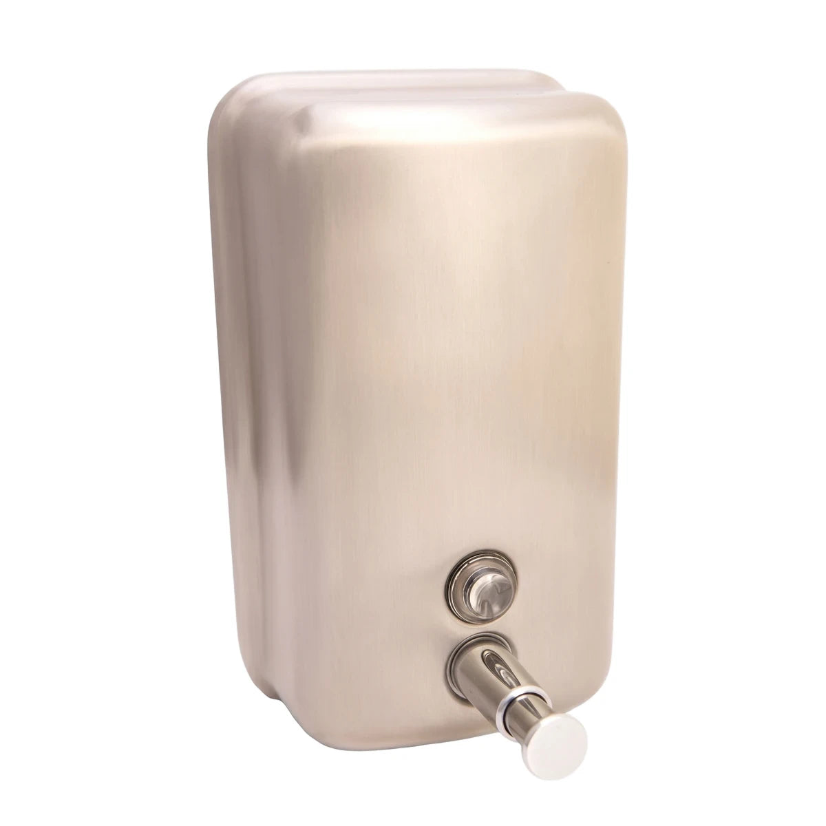 Front view of a brushed stainless steel lockable soap dispenser with a metallic finish and a white pump.