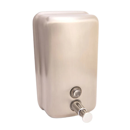 Front view of a brushed stainless steel lockable soap dispenser with a metallic finish and a white pump.