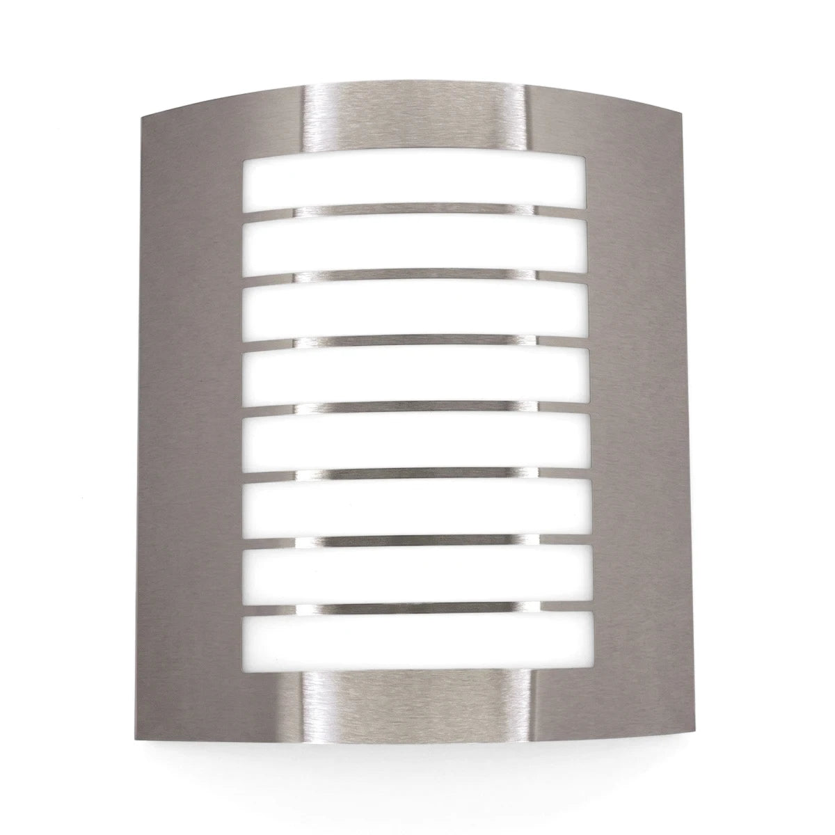 Modern stainless steel batten light with seven white polycarbonate covers, perfect for indoor or outdoor use.