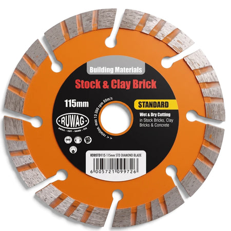 Standard Tile Diamond Blade, 115mm, with an orange and black hub and silver cutting segments for wet or dry cutting of stock