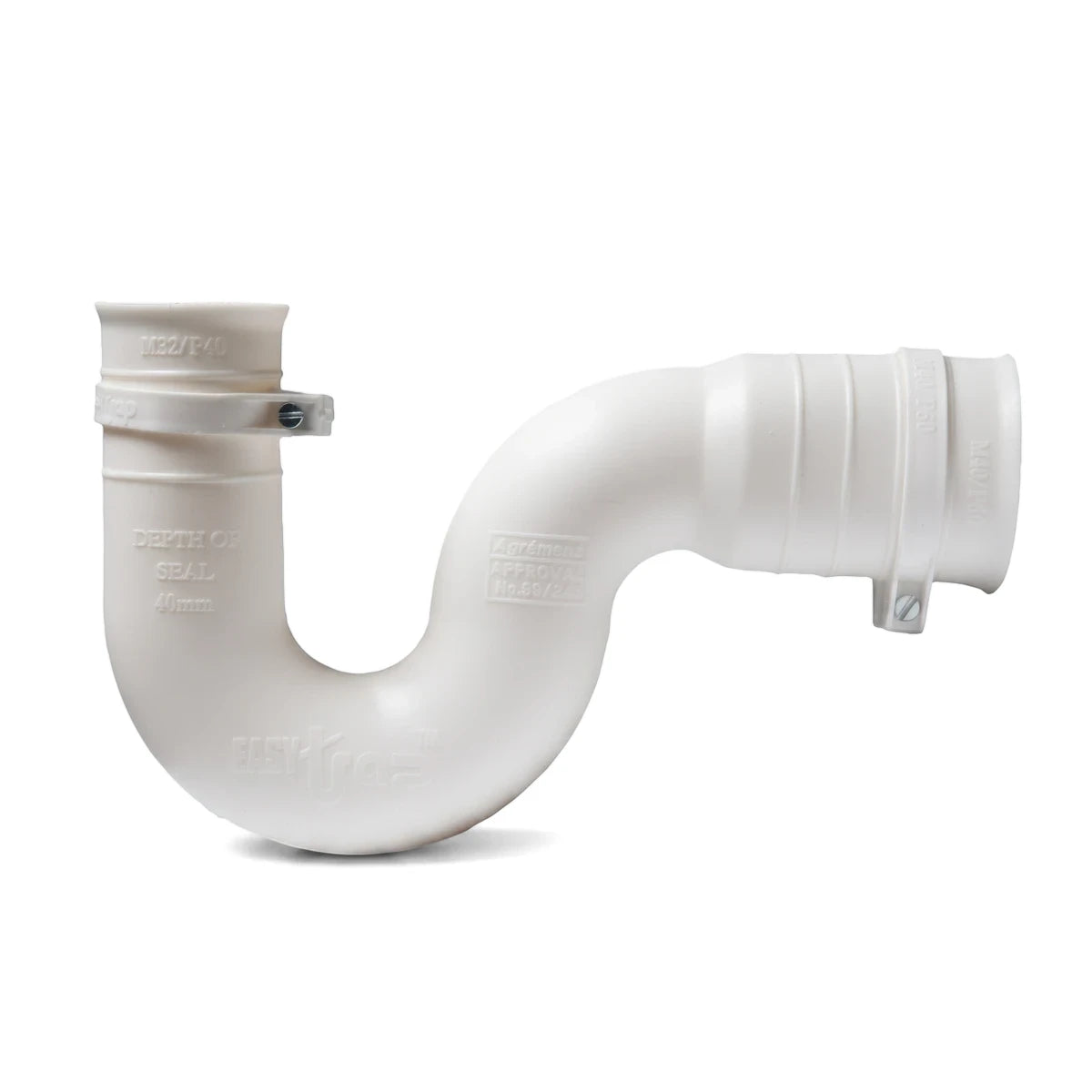 Standard white 50mm x 50mm S-trap plumbing connector for drainage systems, shown from a slightly elevated side view.