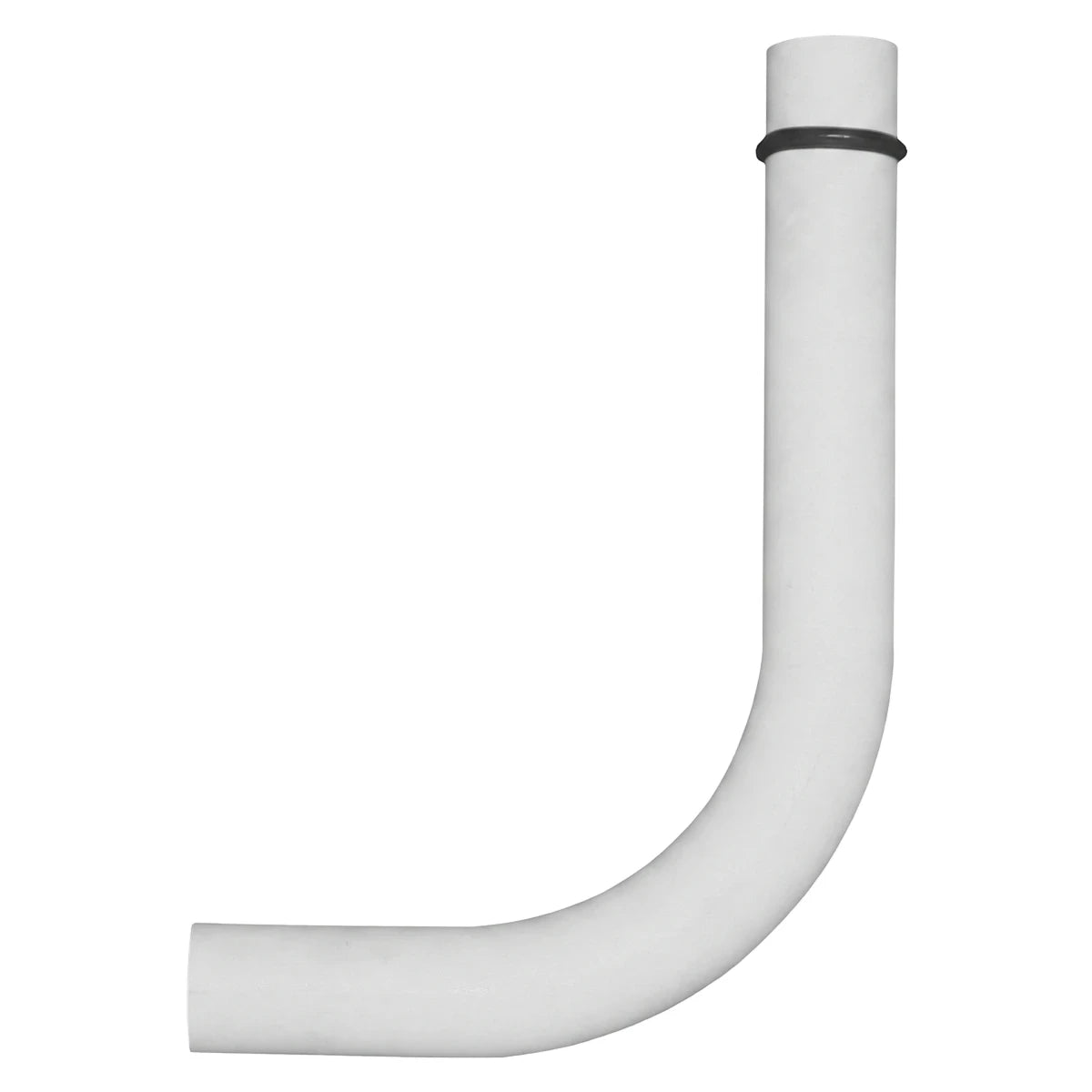Standard white J-shaped toilet flush pipe, made of plastic, featuring a black rubber ring at the top connection.