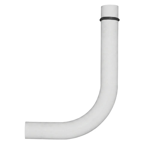 Standard white J-shaped toilet flush pipe, made of plastic, featuring a black rubber ring at the top connection.