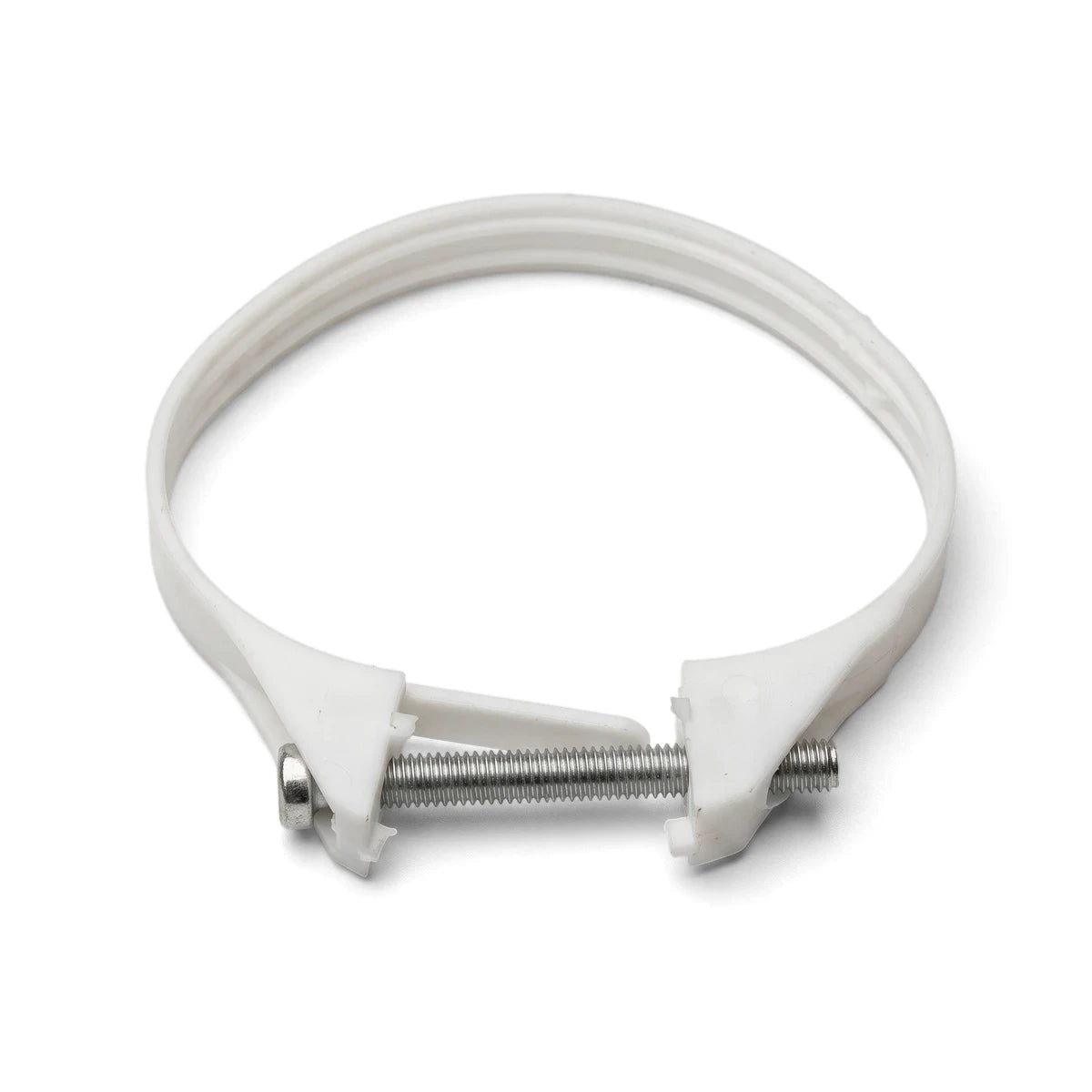 A standard white plastic pipe clip, designed for 50mm or 38mm pipes, with a visible metal screw, shown horizontally.
