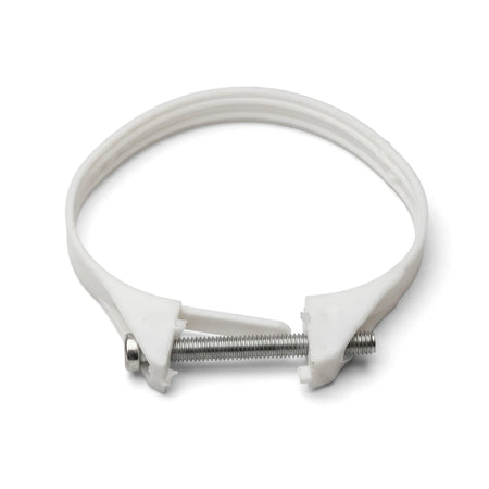 A standard white plastic pipe clip, designed for 50mm or 38mm pipes, with a visible metal screw, shown horizontally.