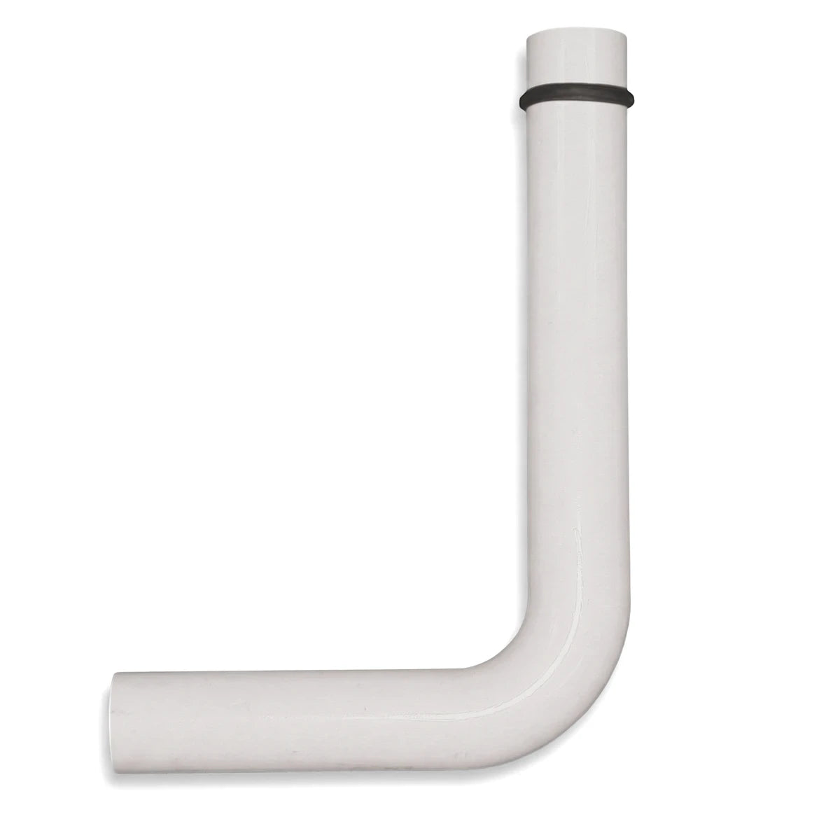 Standard white plastic J-bend toilet flush pipe with a black gasket, viewed from the side.