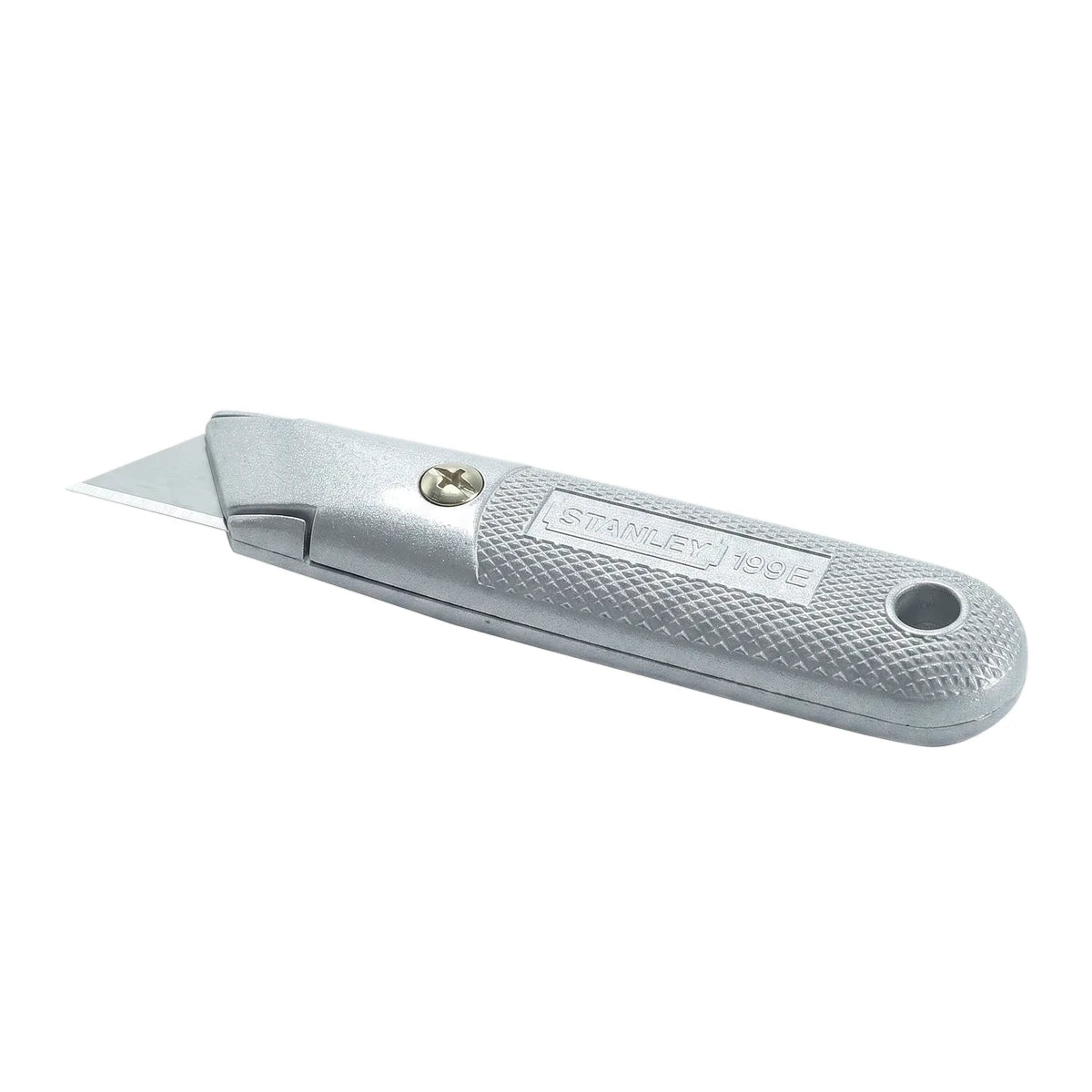 Silver Stanley 199E fixed blade utility knife with a textured zinc casing and a sharp cutting edge on a white background.