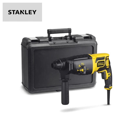 Stanley 750W 26mm Rotary Hammer Drill, yellow and black, shown with its black carrying case.