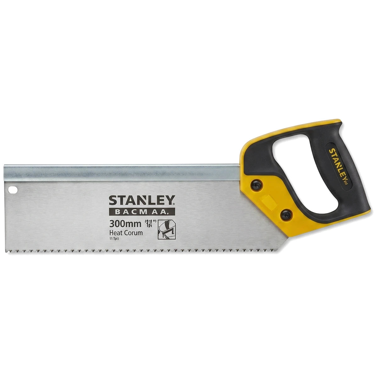 Stanley Back Hand Saw with a silver metal blade and a yellow and black handle, 300mm (11 Tpi).