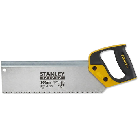 Stanley Back Hand Saw with a silver metal blade and a yellow and black handle, 300mm (11 Tpi).