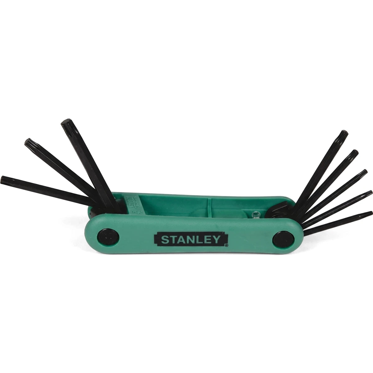 Stanley black Torx key set featuring T9-T40 sizes, neatly folded in a green housing, displayed on a clean white background.