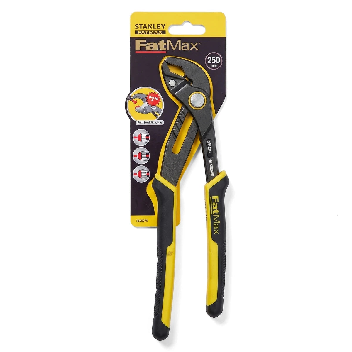 Black and yellow Stanley FatMax 250mm groove joint pliers in retail packaging, displayed vertically for sale.