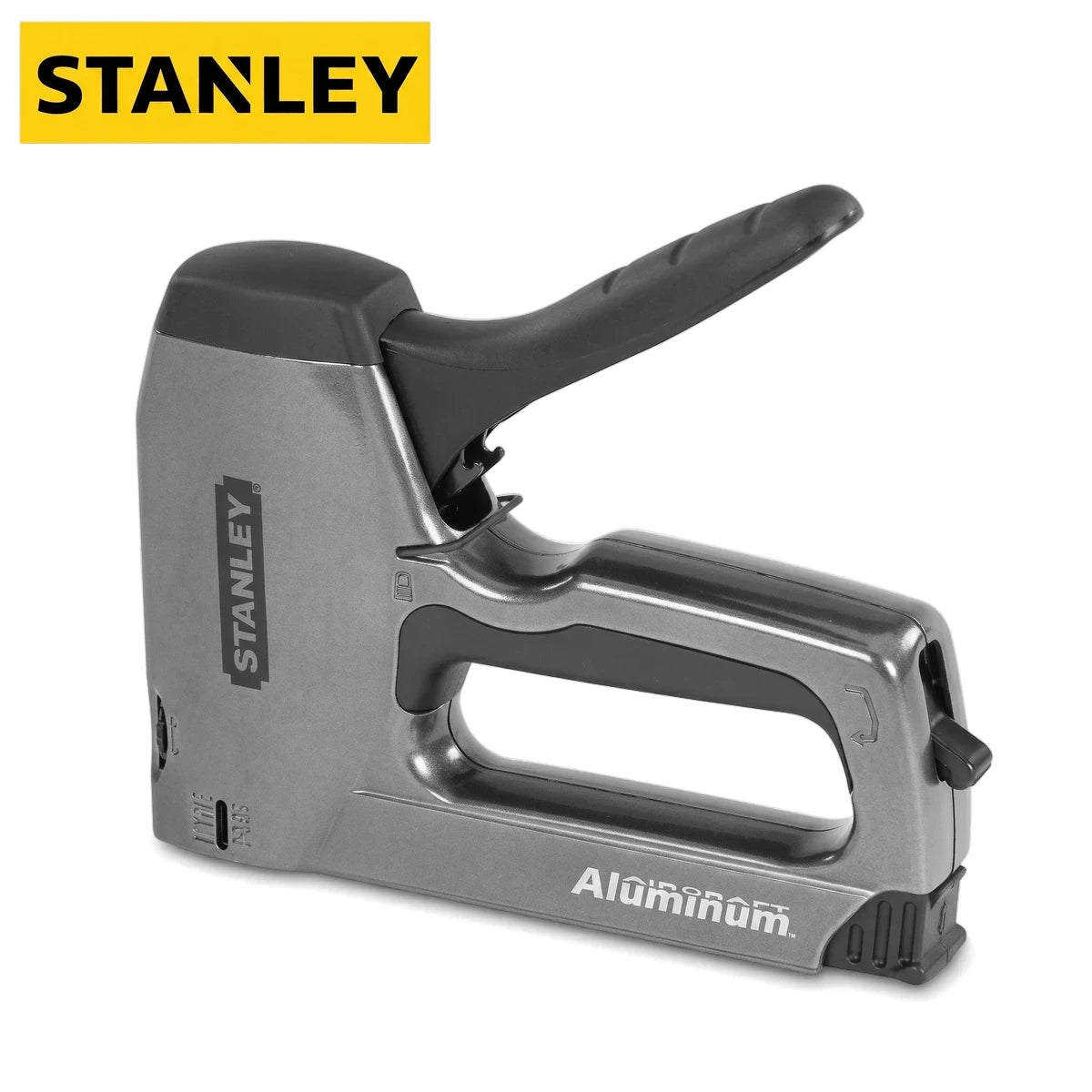 Stanley Hd 0-Tr250 staple gun, gray with a black handle, made of durable aluminum, shown from an angled perspective.