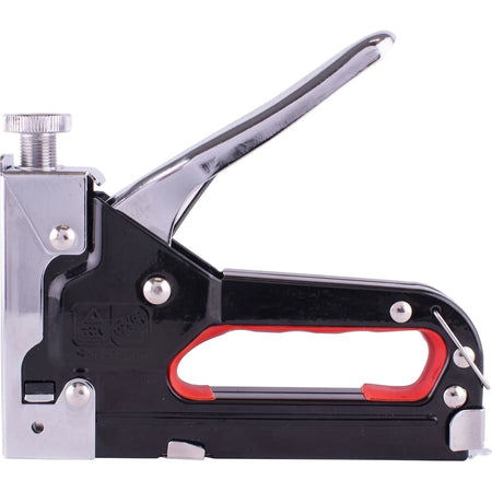 Heavy duty black and silver staple gun with a red handle, shown from a side view. It features a chrome top lever and a