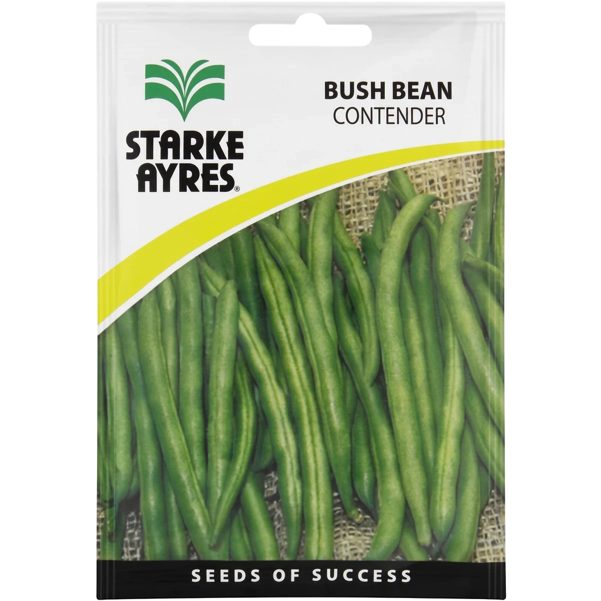 Starke Ayres Bush Bean Contender seed packet with green beans illustration, white and green design for planting.