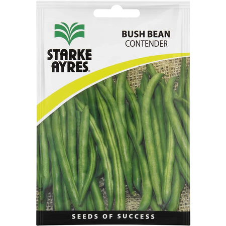 Starke Ayres Bush Bean Contender seed packet with green beans illustration, white and green design for planting.