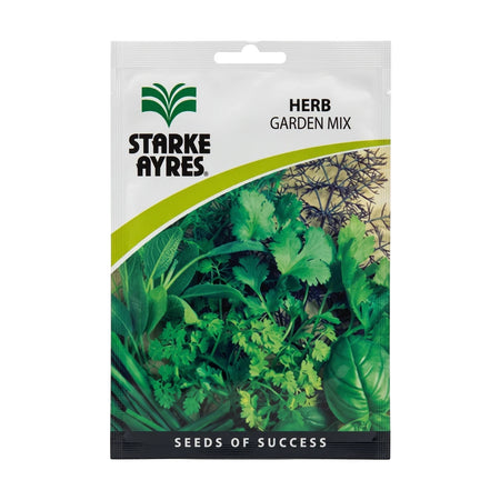 Starke Ayres Herb Garden Mix seed packet, white with green branding and a photo of fresh herbs for gardening.