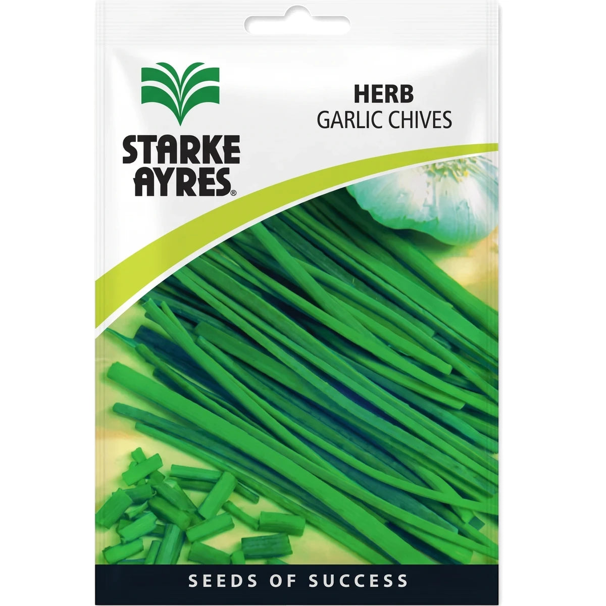 Starke Ayres Herb Garlic Chives seeds packet, featuring vibrant green chives and chopped chives on the packaging.