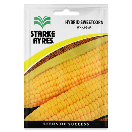 White Starke Ayres Hybrid Sweetcorn Assegai seed packet featuring a vibrant image of golden corn on the cob.