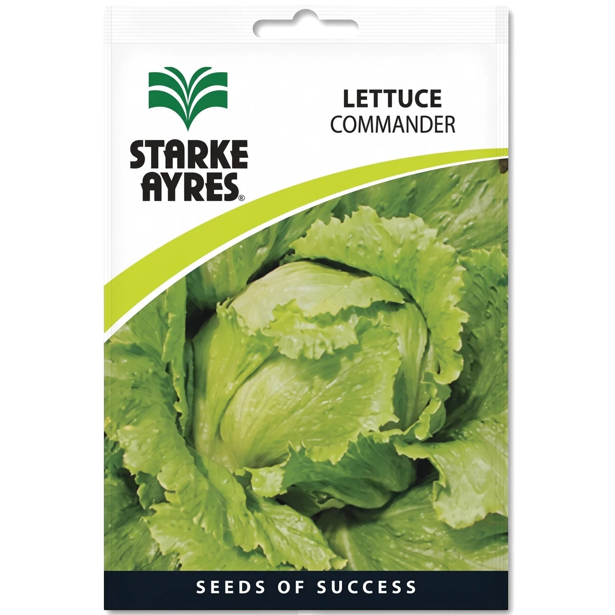 Starke Ayres Lettuce Commander seed packet featuring a vibrant green lettuce head on white and green packaging.