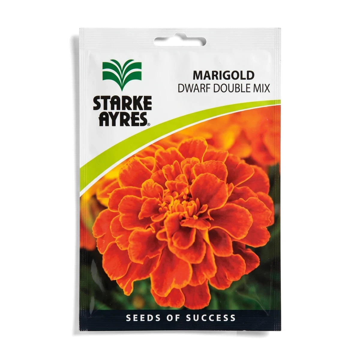 Starke Ayres Marigold Dwarf Double Mix flower seed packet with an image of vibrant orange marigolds.