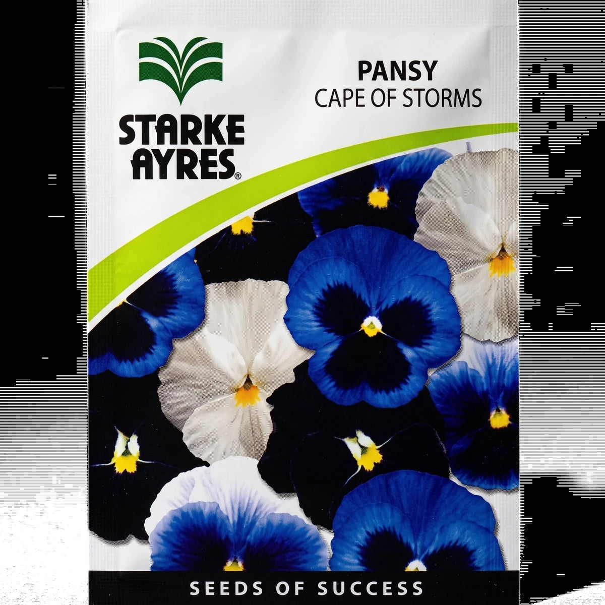 Starke Ayres Pansy Cape of Storms flower seeds in a rectangular packet, featuring vibrant blue and white pansy blossoms.