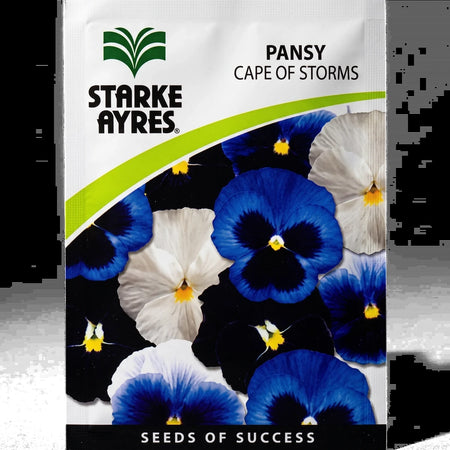 Starke Ayres Pansy Cape of Storms flower seeds in a rectangular packet, featuring vibrant blue and white pansy blossoms.