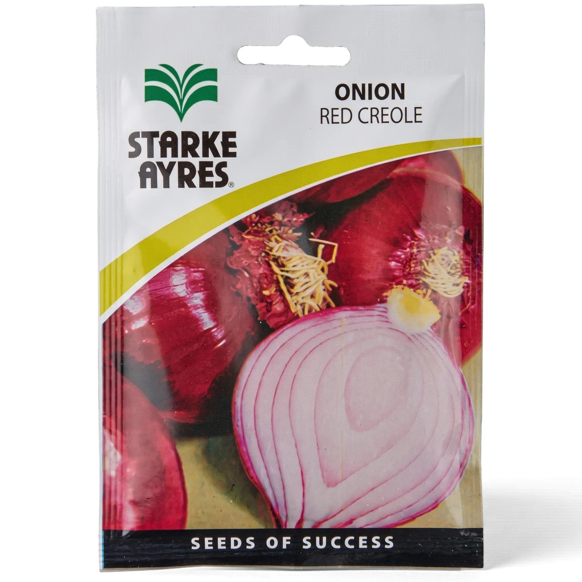 Starke Ayres Red Creole Onion seed packet with green logo and vibrant images of whole and sliced red onions on white