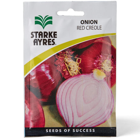Starke Ayres Red Creole Onion seed packet with green logo and vibrant images of whole and sliced red onions on white