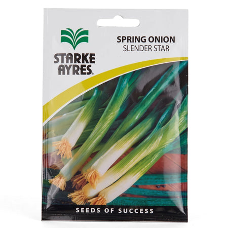 Starke Ayres Spring Onion Slender Star seeds in a white, green, and yellow plastic packet with an illustration of fresh