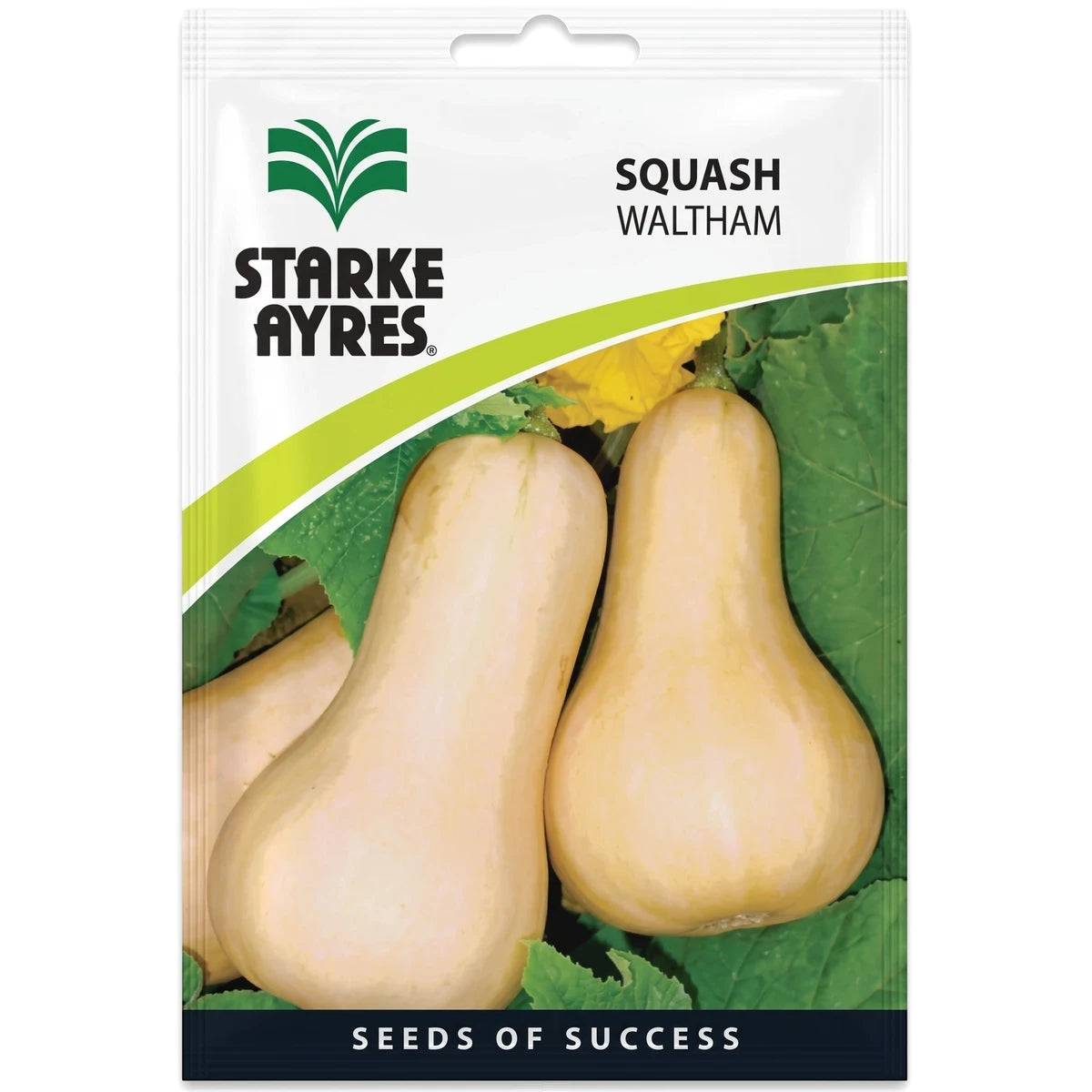 Starke Ayres Squash Waltham seed packet, featuring two yellow butternut squash on green leaves, ready for planting.