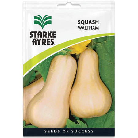 Starke Ayres Squash Waltham seed packet, featuring two yellow butternut squash on green leaves, ready for planting.