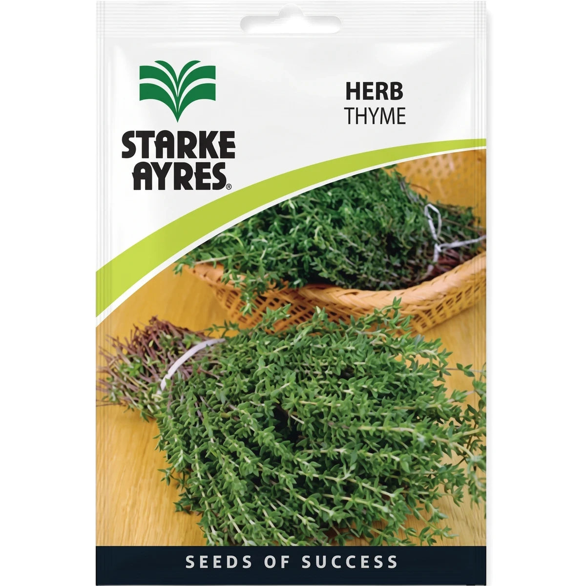 Starke Ayres Thyme Seeds packet, prominently displaying an illustration of fresh thyme sprigs in a wicker basket on a rustic
