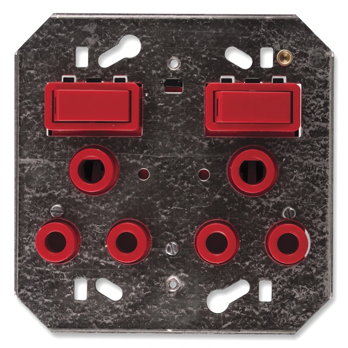 A 100x100mm double red switch socket made of steel, featuring two rectangular switches and multiple circular terminals.