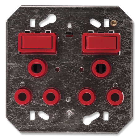 A 100x100mm double red switch socket made of steel, featuring two rectangular switches and multiple circular terminals.