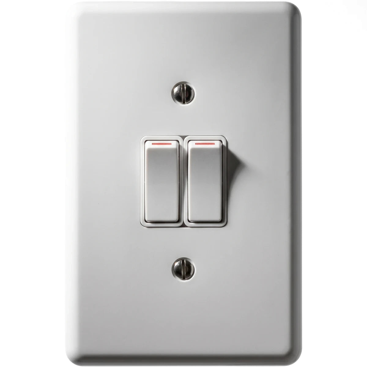 White rectangular steel 2-way module light switch with two rocker switches and polished chrome screw heads, front view.