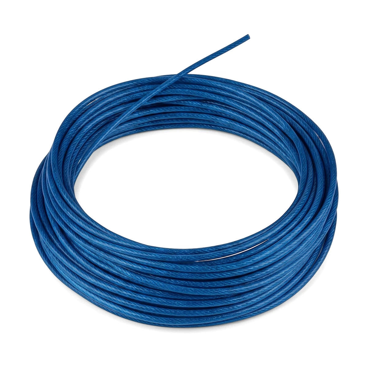 A coiled blue PVC-coated steel cable, 1.6x3.2mm in diameter and 25 meters long, for various hardware applications.