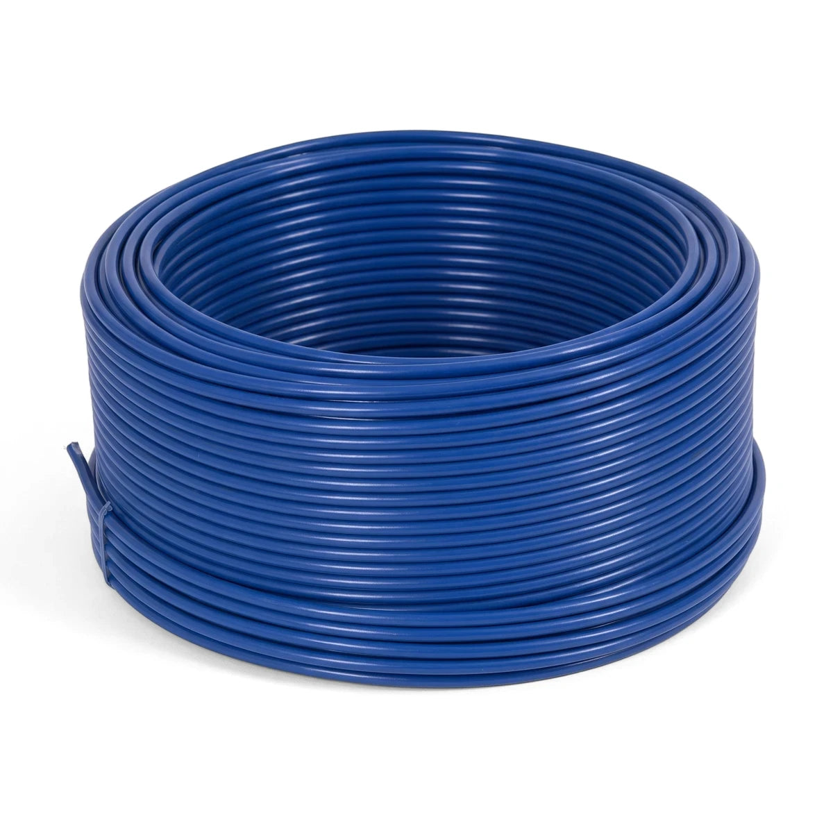 Blue PVC-coated steel cable coiled for storage and transport, with a diameter of 4.0x5.6mm.