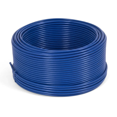 Blue PVC-coated steel cable coiled for storage and transport, with a diameter of 4.0x5.6mm.